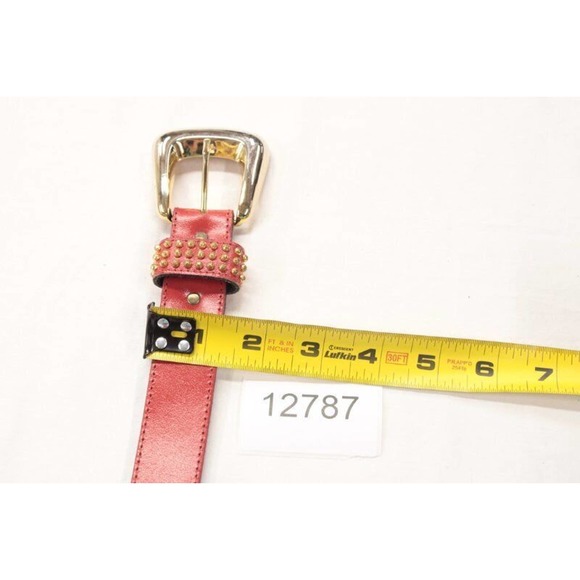 Vintage 1990s Red Leather Belt Gold Studs Buckle Large 29" to 23" waist - Picture 10 of 10